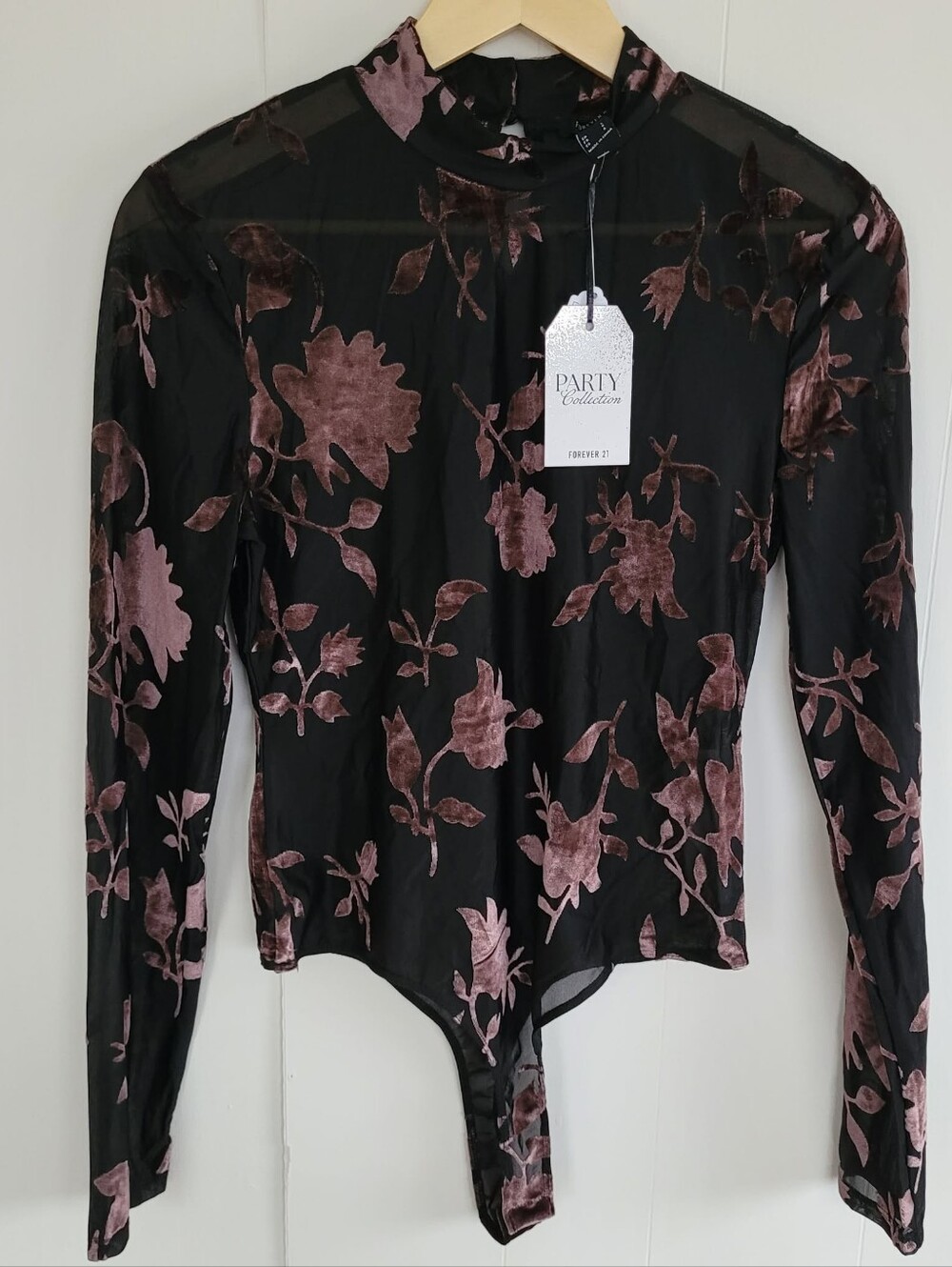 Forever 21 Large Black/Mauve Mesh Floral Long Sleeve Bodysuit